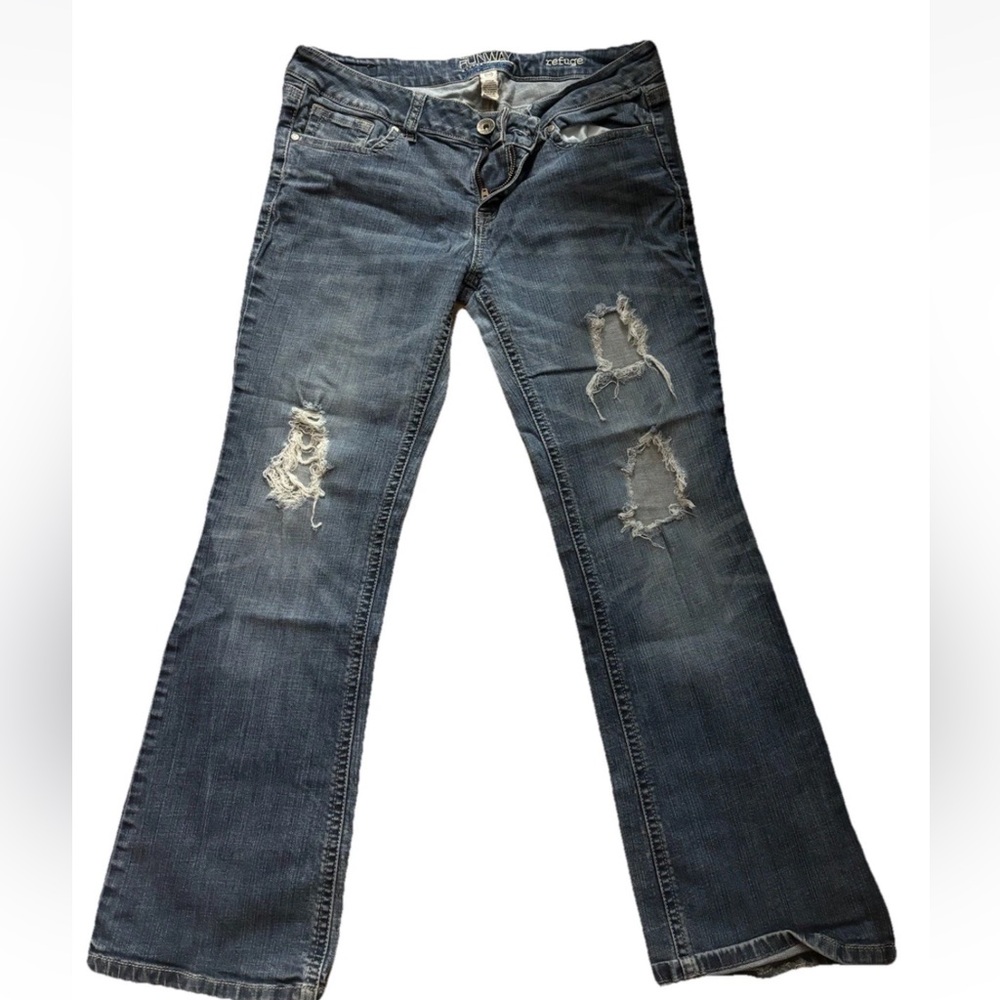 refuge Women's Distressed Dark Blue Flare Jeans